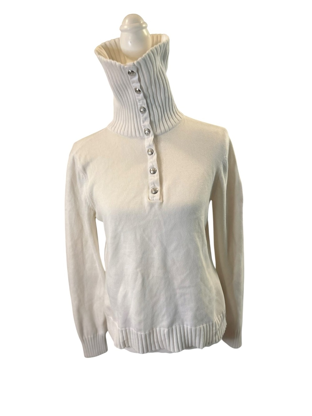 Ralph Lauren White Cotton Convertible snap turtleneck sweater Women’s Large - Picture 2 of 14